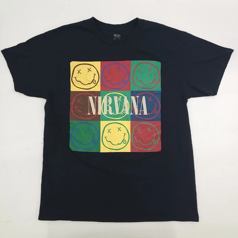 Nirvana Grunge Multiple Smiley Faces Music‎ Band Tee T-Shirt Men's Sz L EUC